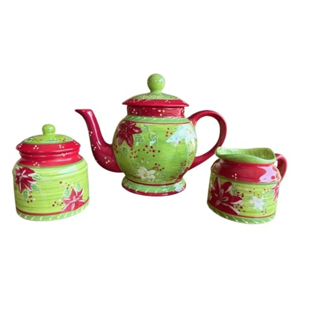 Holly Christmas 3 Pc Tea Set Romancing Provence Collections 2008 Creamer & Sugar